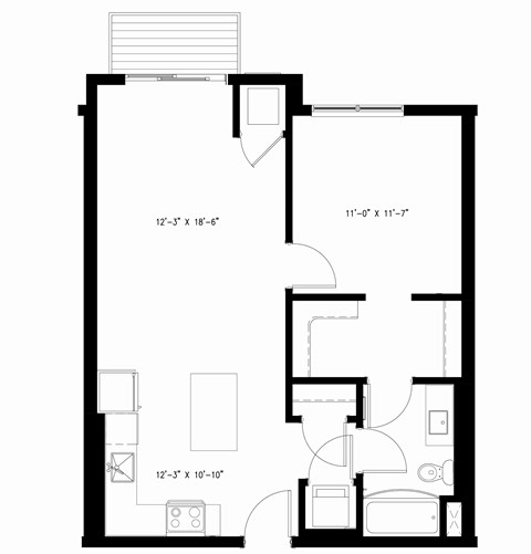 Floor plan for 1 bed, 1 bath, 794 sqft