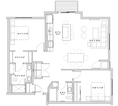 Floor plan for 2 beds, 2 baths, 1196 sqft