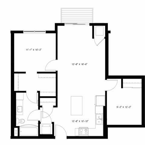 Floor plan for 2 beds, 1 bath, 875 sqft