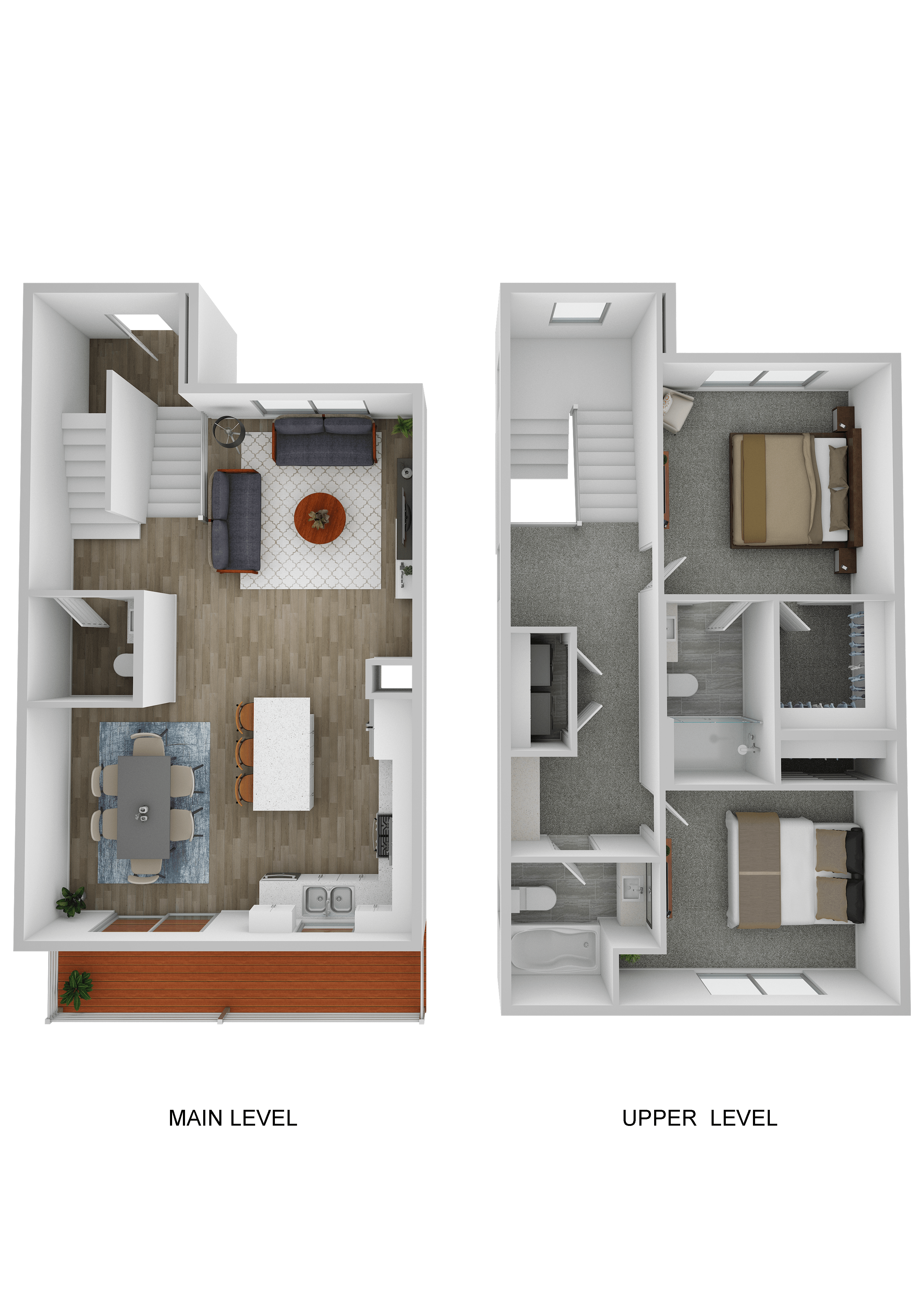 Floor plan for 2 beds, 3 baths, 1409 sqft