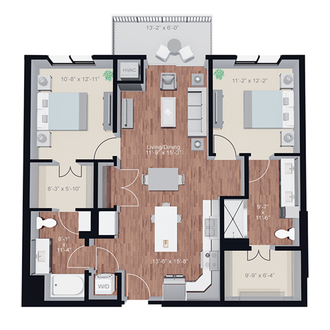 Floor plan for 2 beds, 2 baths, 1146 sqft