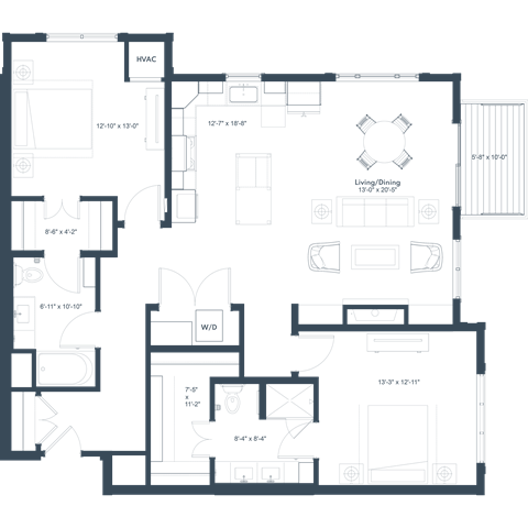 Floor plan for 2 beds, 2 baths, 1383 sqft