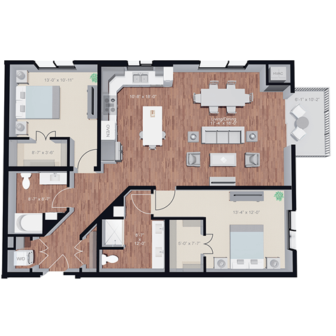 Floor plan for 2 beds, 2 baths, 1345 sqft