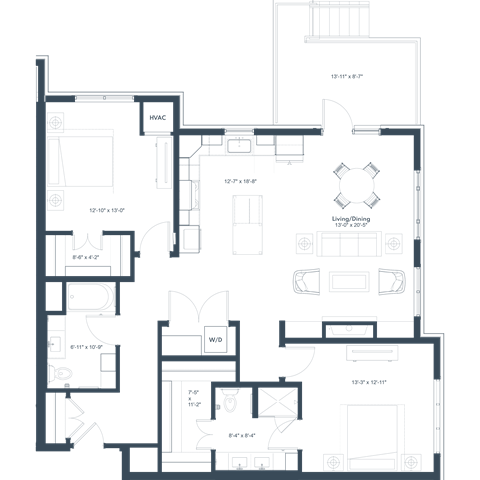 Floor plan for 2 beds, 2 baths, 1383 sqft