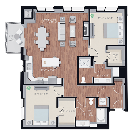 Floor plan for 2 beds, 2 baths, 1366 sqft