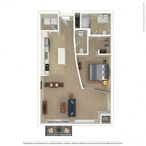 Floor plan for 1 bed, 1.5 baths, 987 sqft