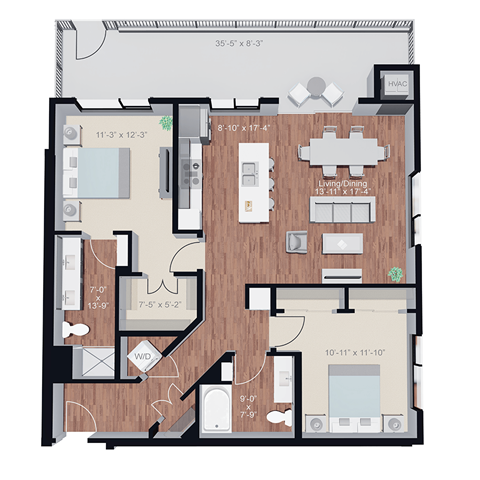 Floor plan for 2 beds, 2 baths, 1192 sqft