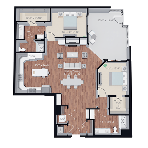 Floor plan for 2 beds, 2 baths, 1522 sqft