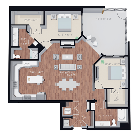 Floor plan for 2 beds, 2 baths, 1529 sqft