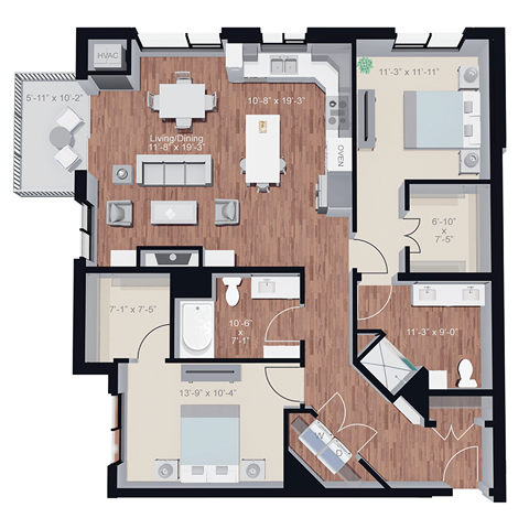 Floor plan for 2 beds, 2 baths, 1331 sqft