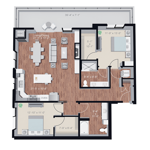 Floor plan for 2 beds, 2 baths, 1402 sqft