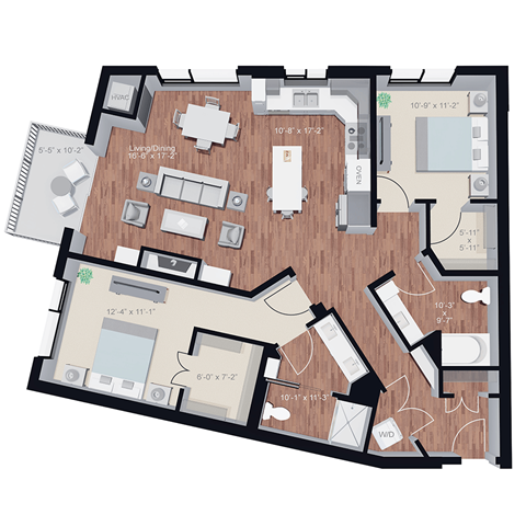 Floor plan for 2 beds, 2 baths, 1288 sqft