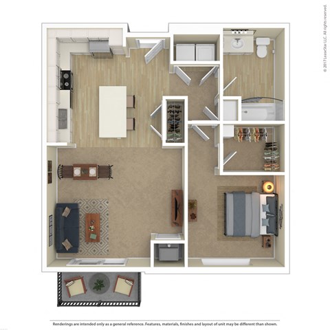 Floor plan for 1 bed, 1 bath, 748 sqft