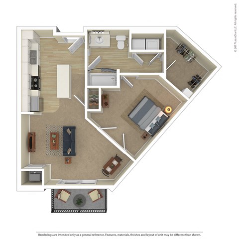 Floor plan for 1 bed, 1 bath, 728 sqft
