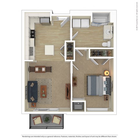 Floor plan for 1 bed, 1 bath, 668 sqft