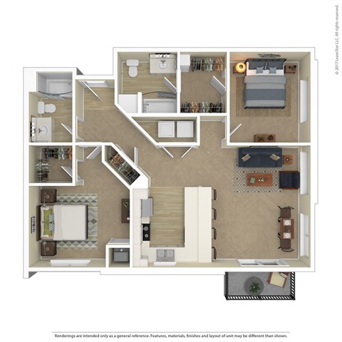 Floor plan for 2 beds, 2 baths, 1167 sqft