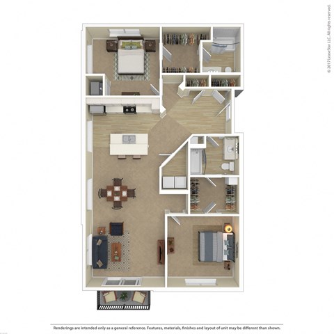 Floor plan for 2 beds, 2 baths, 1305 sqft