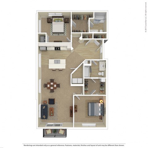 Floor plan for 2 beds, 2 baths, 1305 sqft