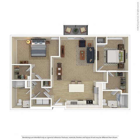 Floor plan for 2 beds, 2 baths, 1217 sqft