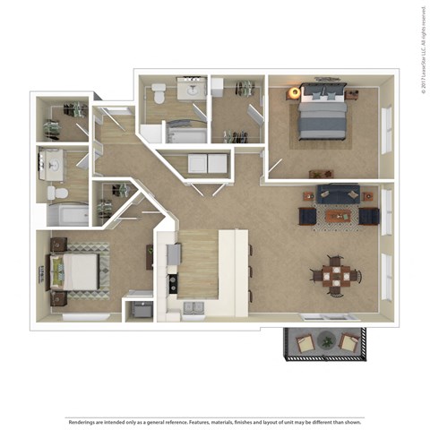 Floor plan for 2 beds, 2 baths, 1280 sqft