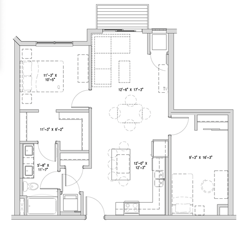 Floor plan for 1 bed, 1 bath, 910 sqft