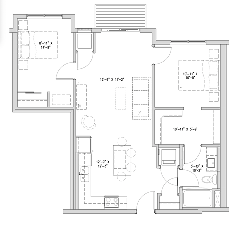 Floor plan for 2 beds, 1 bath, 900 sqft