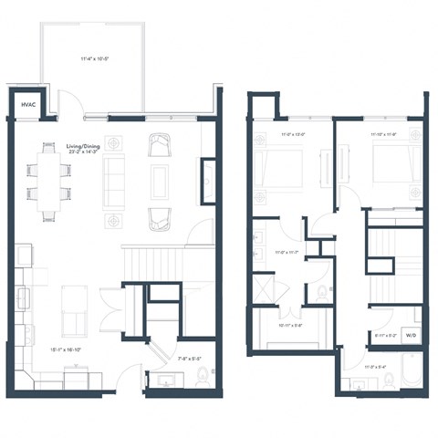 Floor plan for 2 beds, 2.5 baths, 1644 sqft