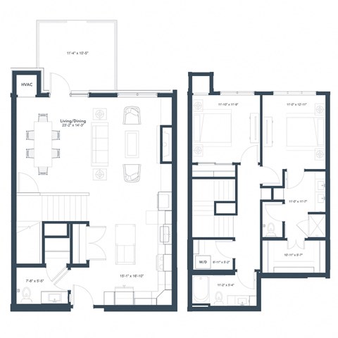 Floor plan for 2 beds, 2.5 baths, 1644 sqft