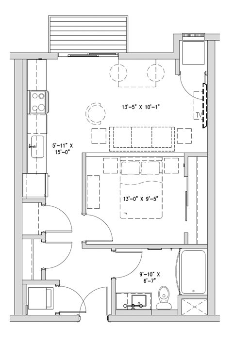 Floor plan for 1 bed, 1 bath, 603 sqft