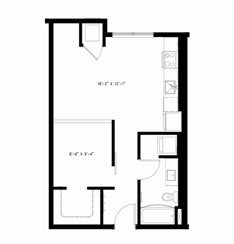 Floor plan for 1 bed, 1 bath, 575 sqft