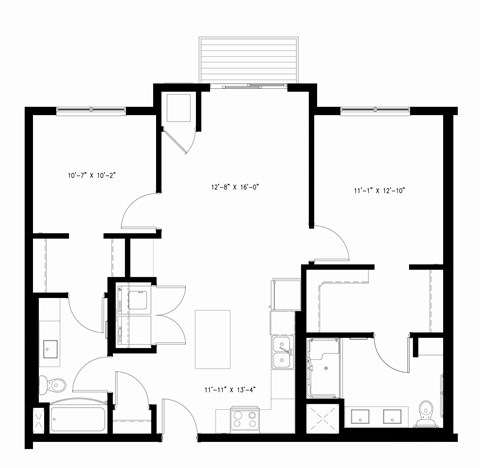 Floor plan for 2 beds, 2 baths, 1067 sqft