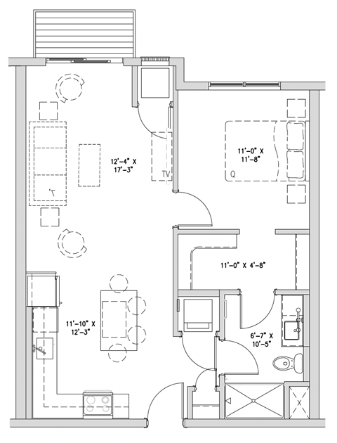 Floor plan for 1 bed, 1 bath, 733 sqft