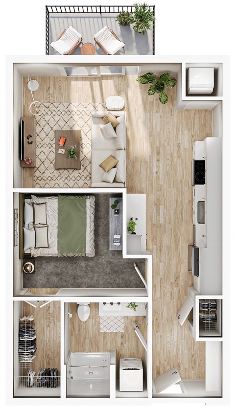 Floor plan for 1 bed, 1 bath, 667 sqft