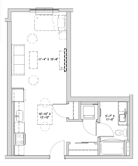 Floor plan for studio, 1 bath, 537 sqft