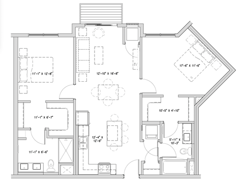 Floor plan for 2 beds, 2 baths, 1121 sqft