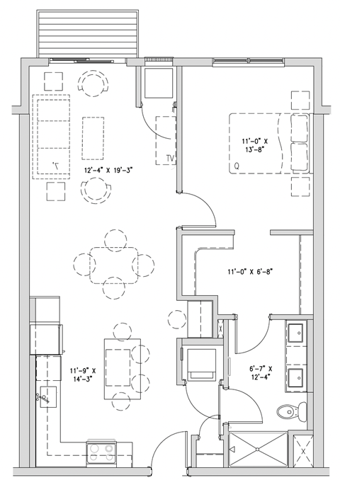 Floor plan for 1 bed, 1 bath, 855 sqft