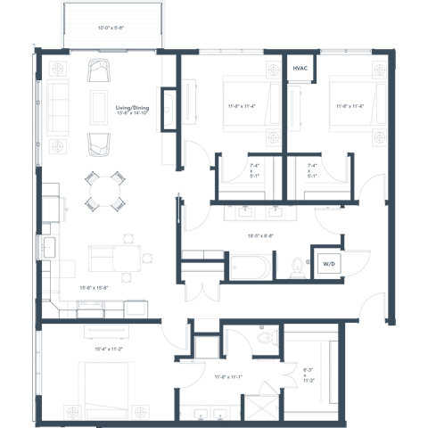 Floor plan for 3 beds, 2 baths, 1712 sqft