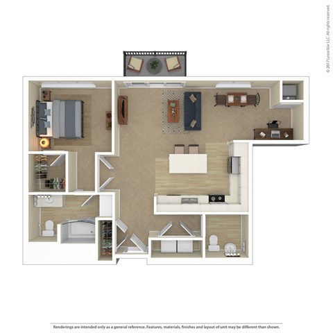 Floor plan for 1 bed, 1.5 baths, 968 sqft