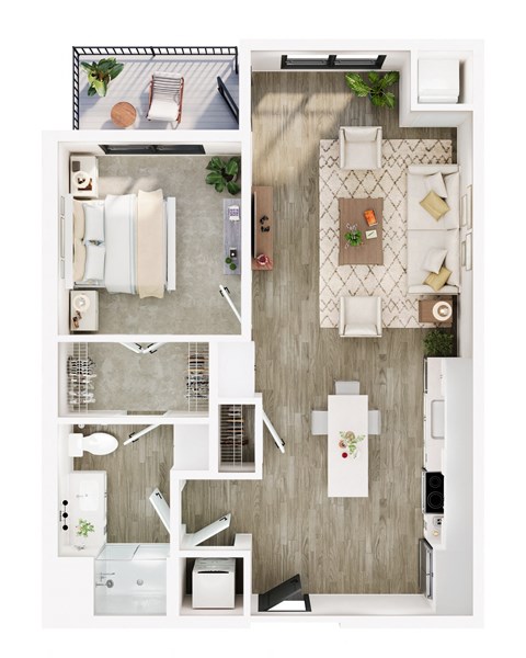 Floor plan for 1 bed, 1 bath, 722 sqft