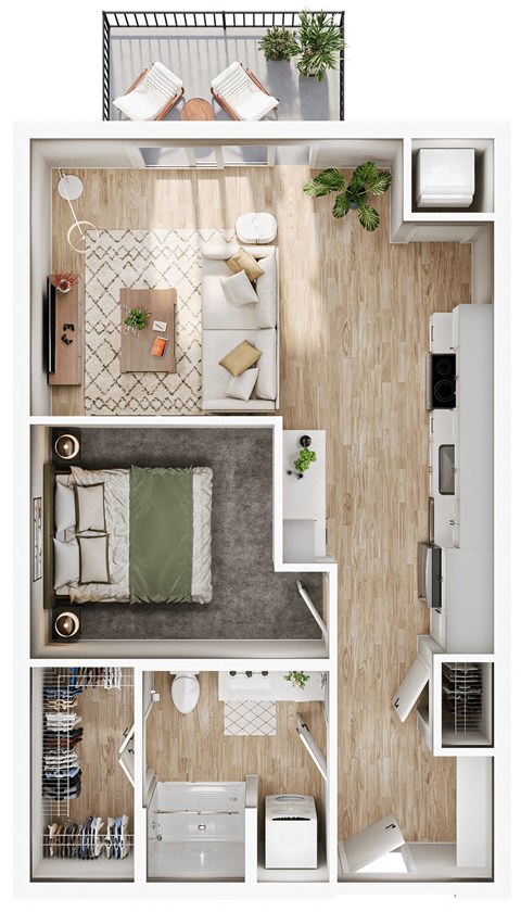 Floor plan for 1 bed, 1 bath, 667 sqft