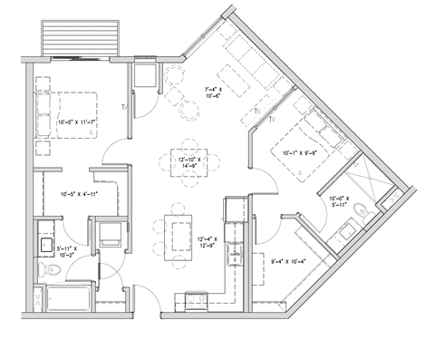 Floor plan for 2 beds, 2 baths, 1028 sqft