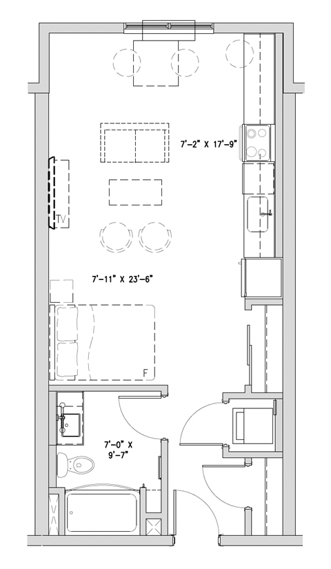 Floor plan for studio, 1 bath, 576 sqft
