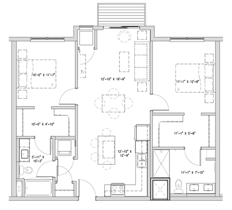 Floor plan for 2 beds, 2 baths, 1065 sqft