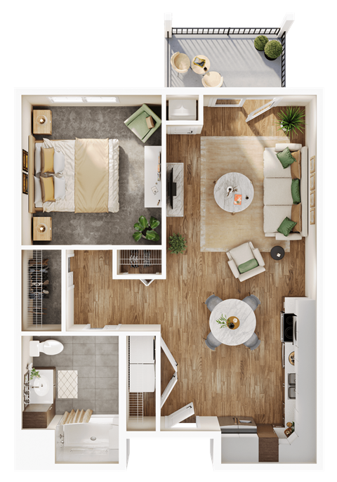Floor plan for 1 bed, 1 bath, 734 sqft