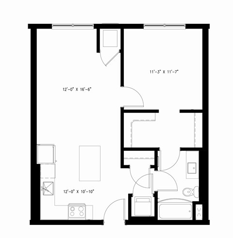 Floor plan for 1 bed, 1 bath, 703 sqft