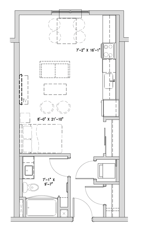 Floor plan for studio, 1 bath, 549 sqft