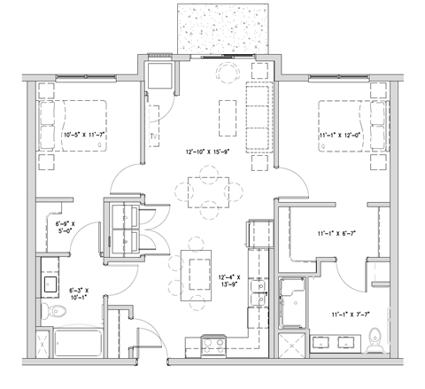 Floor plan for 2 beds, 2 baths, 1065 sqft