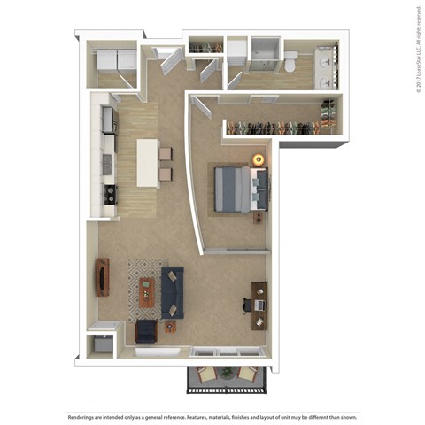 Floor plan for 1 bed, 1 bath, 987 sqft