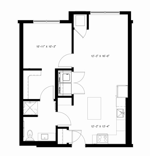 Floor plan for 1 bed, 1 bath, 730 sqft