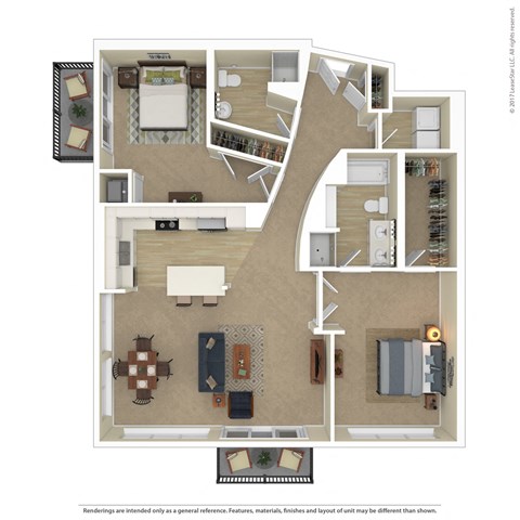 Floor plan for 2 beds, 2 baths, 1407 sqft
